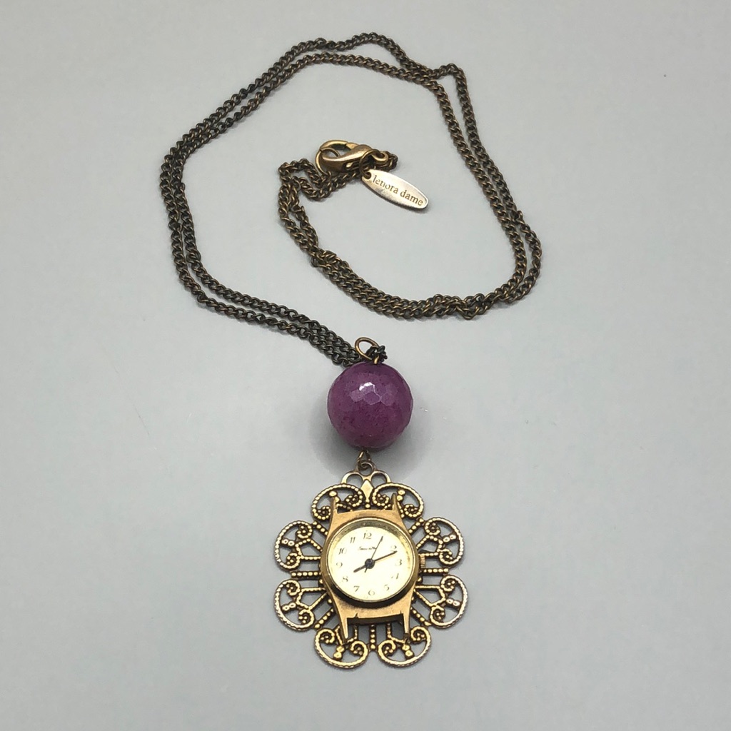 Vintage Lenora Dame Brass Chain Gemstone And Watch Pendant Necklace Whimsy